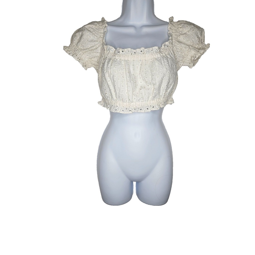 Sunday Best Eyelet Crop Top Puff Sleeve Cottagecore Milkmaid XS White